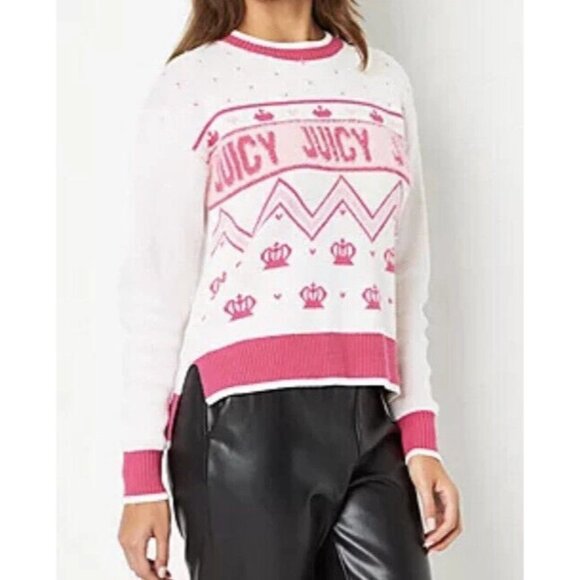 Juicy Couture JUICY Pink & White Acrylic Knit Crewneck Sweater Sz XS - Picture 3 of 8